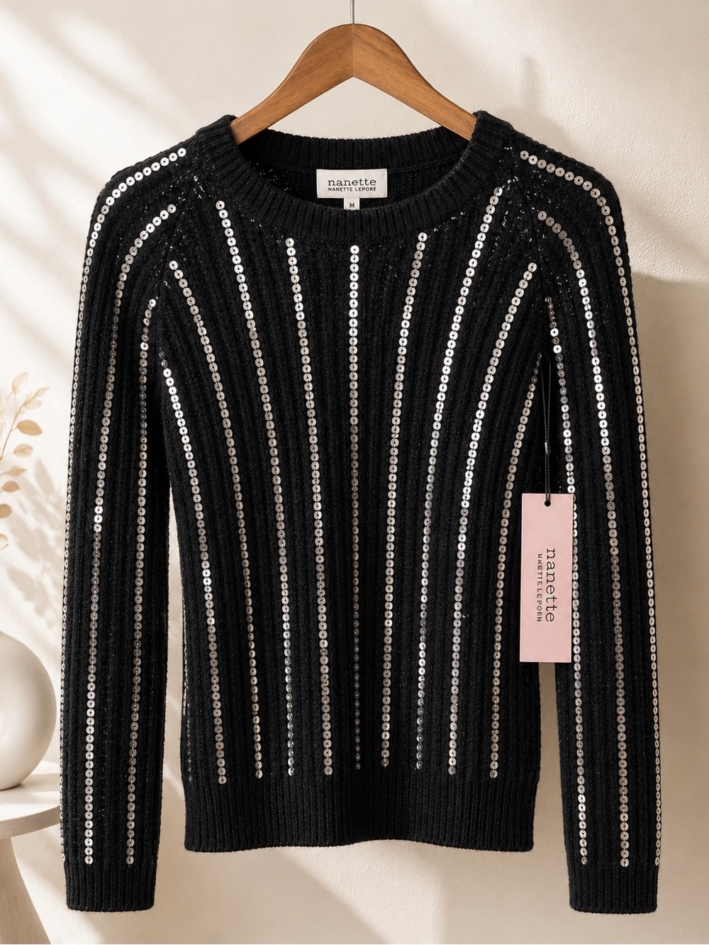NWT Nanette Lepore Black Sequin Ribbed Knit Sweater Medium Party Holiday Glam